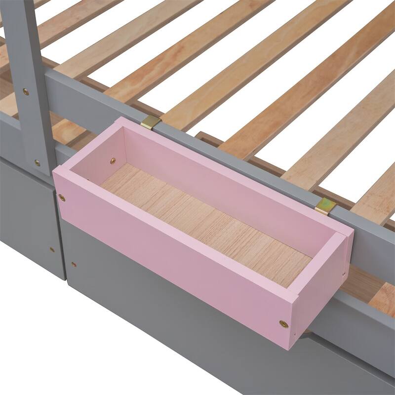 Merax Twin over Twin House Bunk Bed with 2 Drawers, 1 Storage Box, 1 Shelf