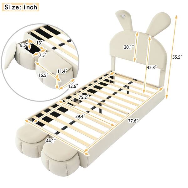 dimension image slide 1 of 2, Twin Upholstered Kids Platform Bed with Bunny Ears Shaped Headboard, Cute Velvet Bed Frame with Light and 2 Storage Ottomans