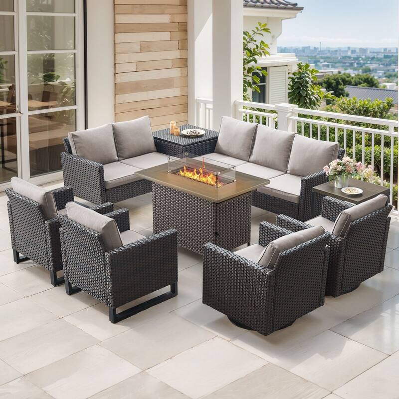 Gymojoy 9 Piece All-Weather Wicker Outdoor Patio Family Conversation Set Group With Fire Pit Table