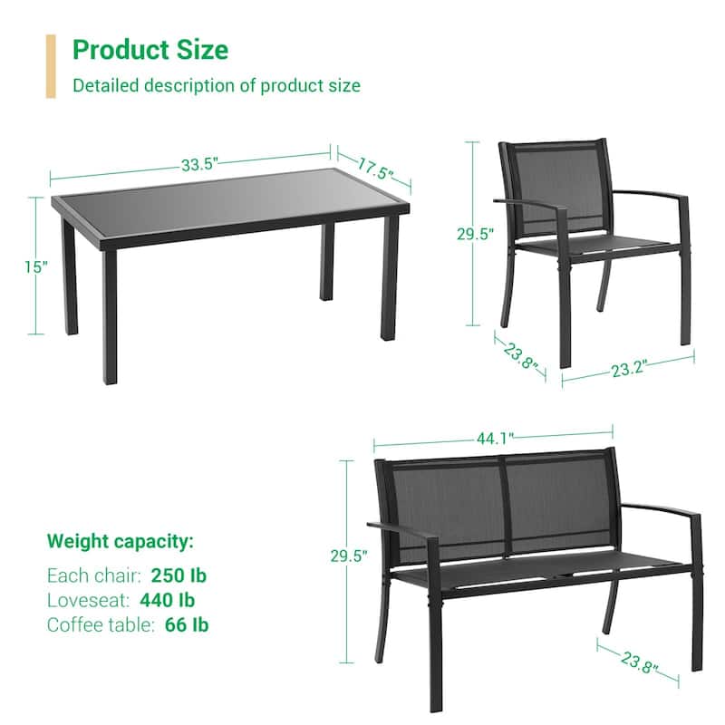 LIVOOSUN Patio 4pcs Textilene Conversation Set /w a Coffee Table