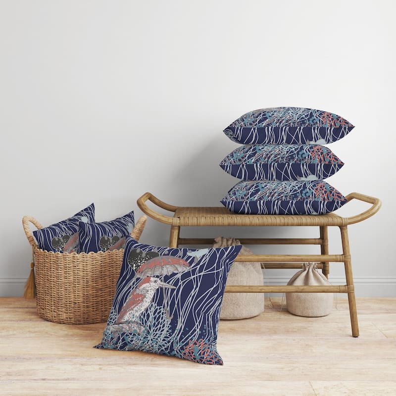 Bird with Umbrella Faux Suede Reversible Throw Pillow Blue and Copper