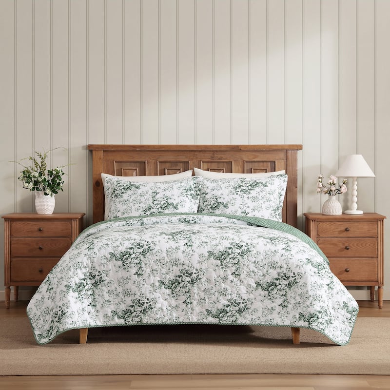 Laura Ashley Toile Delight Cotton Reversible Green Quilt Set