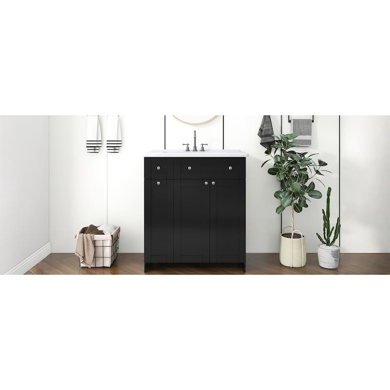 30-Inch Black Bathroom Vanity with Ceramic Sink Combo,Abundant Storage Cabinet 2 Soft-close Doors and Double-tier Deep Drawer