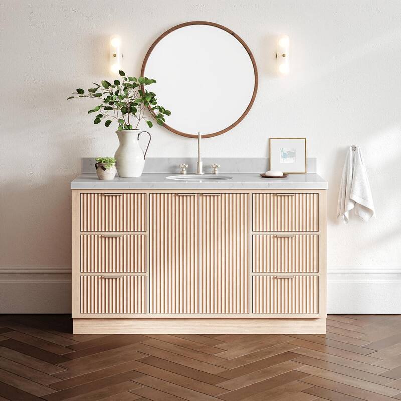 Ariel P60CQOVO Milan 60" Free Standing Single Oval Basin Vanity Set - Oak / Carrara White Quartz / Brushed Nickel