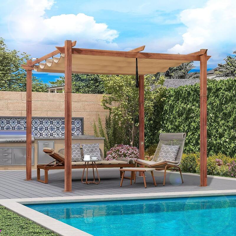 PURPLE LEAF Gazebo Wood Grain Metal Frame Pergola with Extra Top Roof for Patio