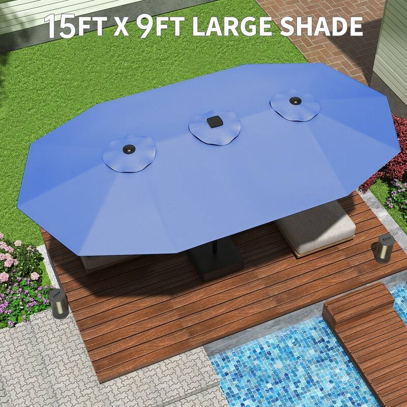 15ft Large Patio Umbrella with Base, Outdoor Double-Sided Market Umbrella with Crank Handle