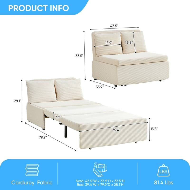 Mixoy Corduroy Fabric Queen Size/Twin Size Sofa Bed, 2-in-1 Modern Pull Out Sleeper Sofa Bed