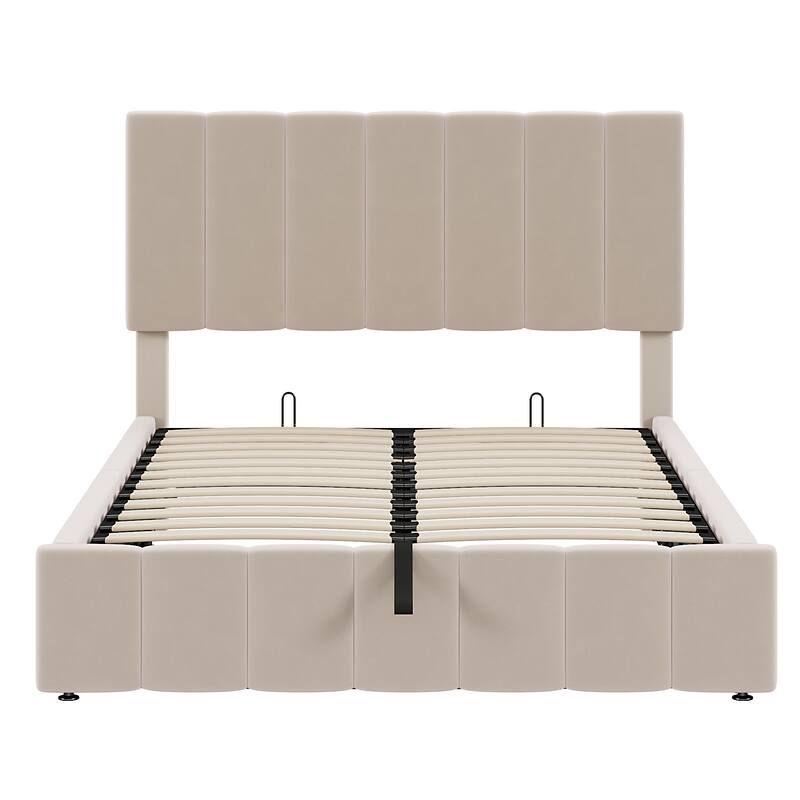 Full Size Upholstered Platform Bed with Hydraulic Storage System in Beige