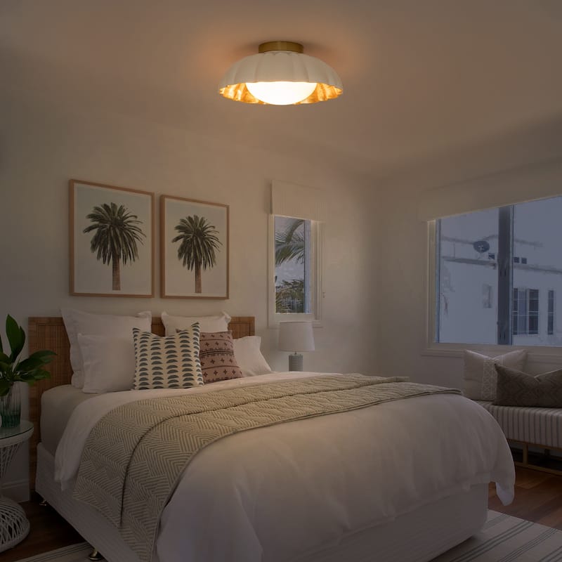 Dome Milky White Shade Flush Mount Ceiling Light with Gold Foil Interior - Dia.13.58-in