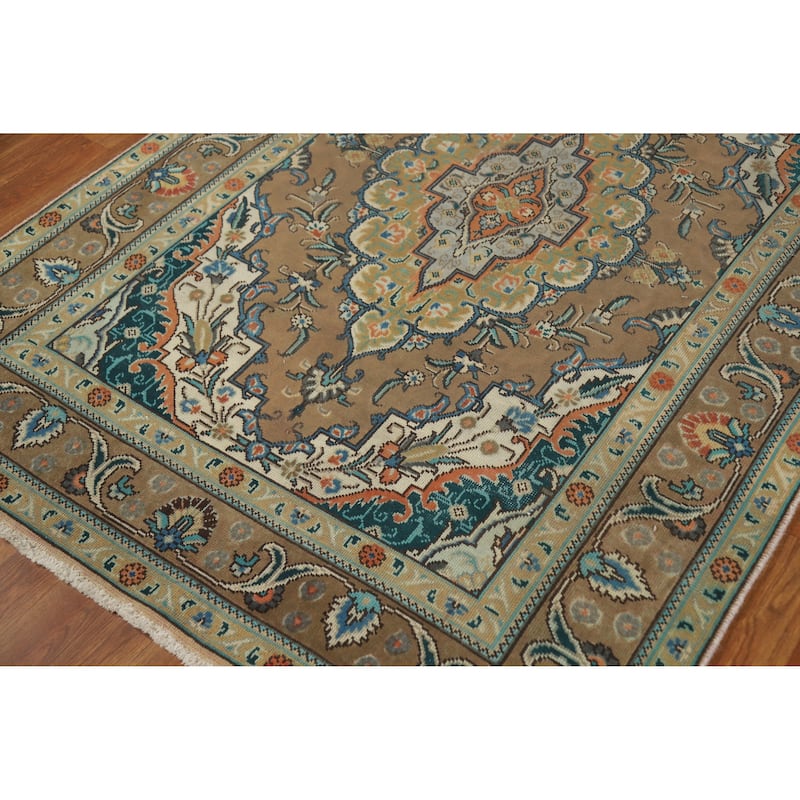 Traditional Brown Tabriz Persian Vintage Rug Handmade Wool Carpet - 4'7" x 6'5"