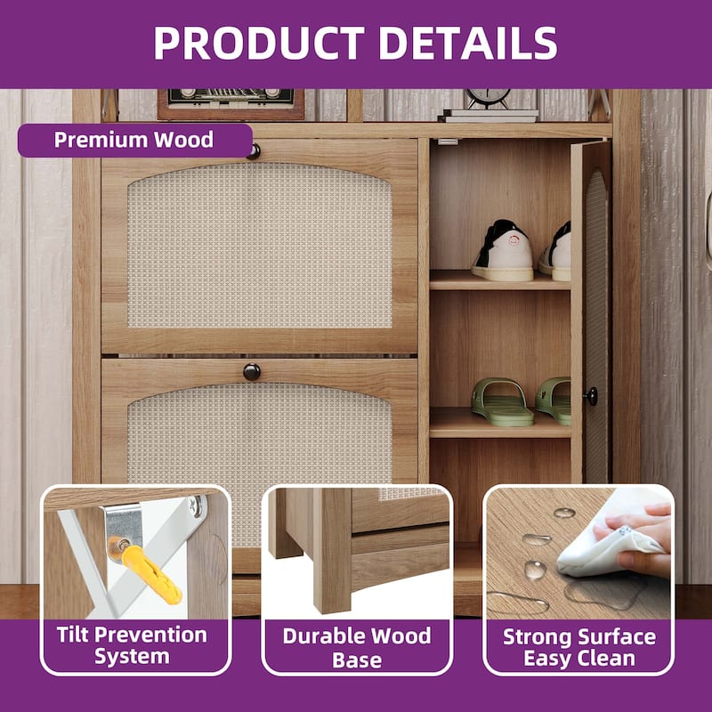 Moasis Farmhouse Rattan Shoe Cabinet with 2 Flip Drawers and Door