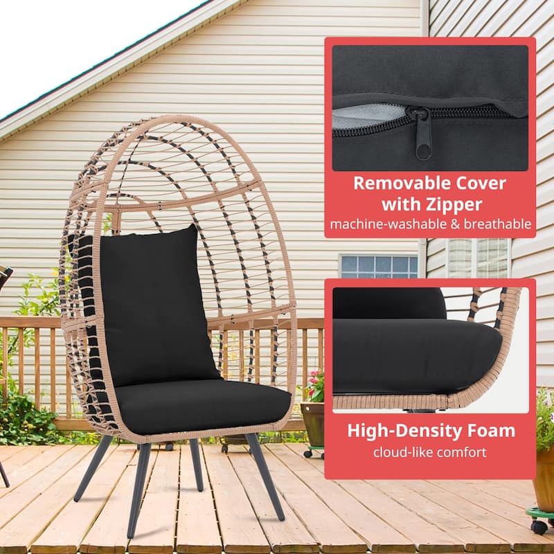 Outdoor 1-Person Wicker Rattan Egg Chair with Stand & Cushion for Porch, Bedroom