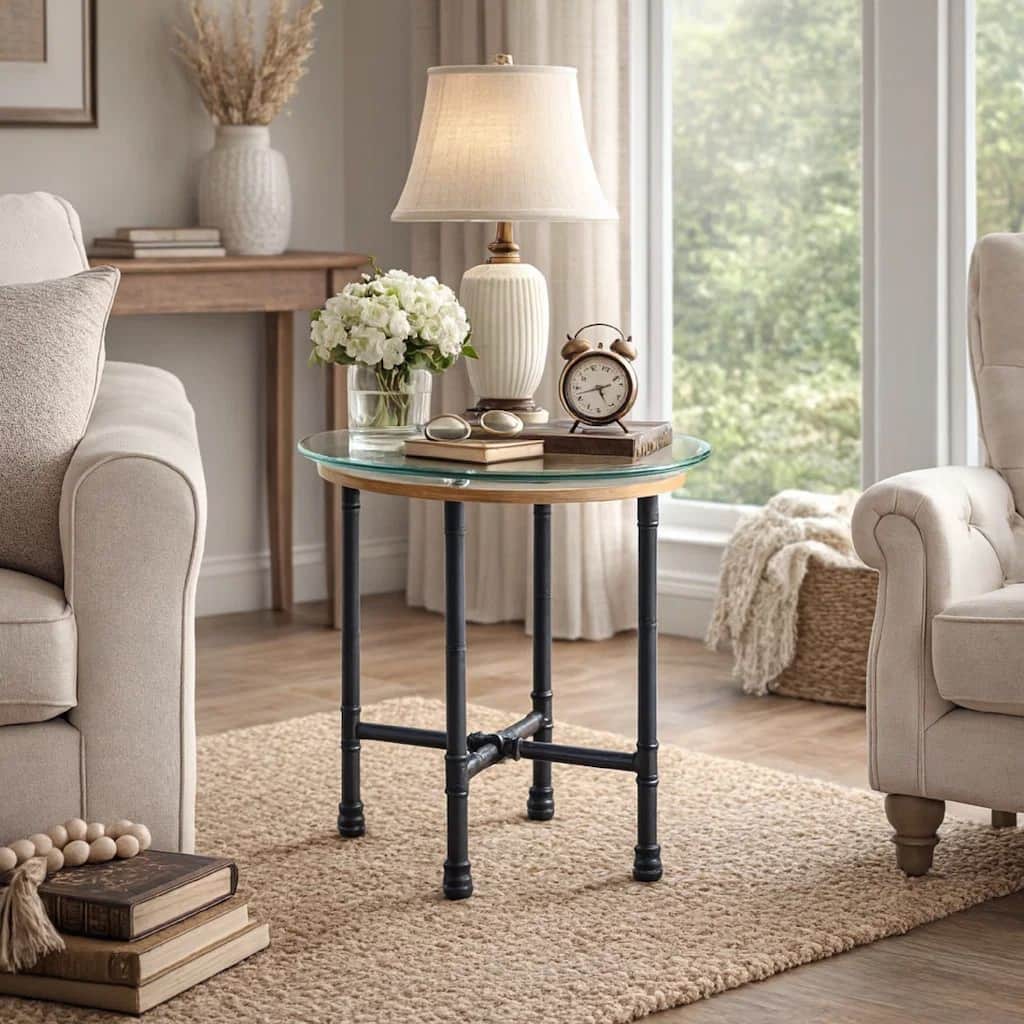 End Table with Round Glass Top and Metal Pipe Style Legs, Gray