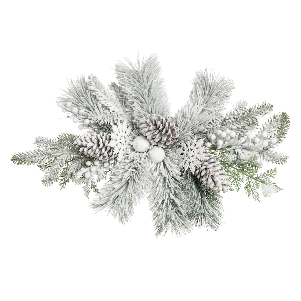Transpac Artificial 26 in. White Christmas Frosted Evergreen Centerpiece with Pinecones