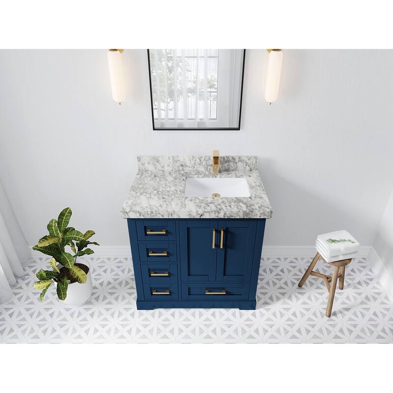 Willow Collections 36 x 22 Boston Right Offset Sink Bathroom Vanity with Quartz or Marble Countertop - 2"Carrara Marble - Navy Blue