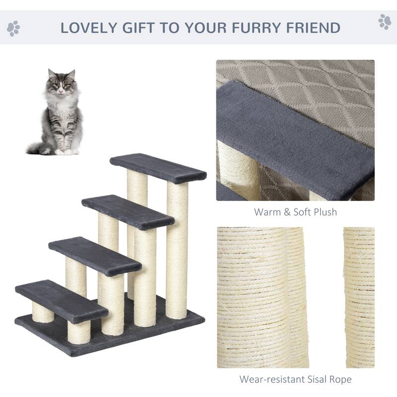 Cat Tree with 4 Steps for High Beds Couch, Cute Stair Shaped Cat Tree for Indoor Cats or Dogs w/ Sisal Scratching Post - Gray