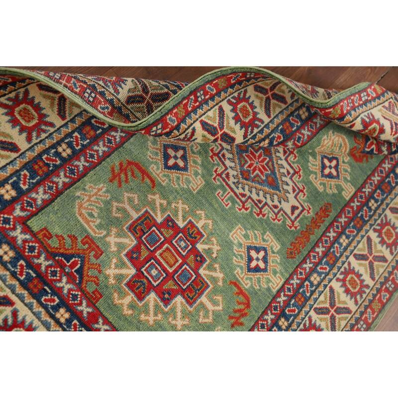 Green Geometric Kazak Foyer Rug Handmade Wool Carpet - 3'1" x 4'11"