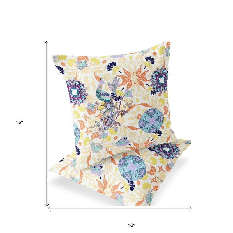 HomeRoots Set of Two 16" X 16" Orange and White Peacock Blown Seam Eclectic Indoor Outdoor Throw Pillow