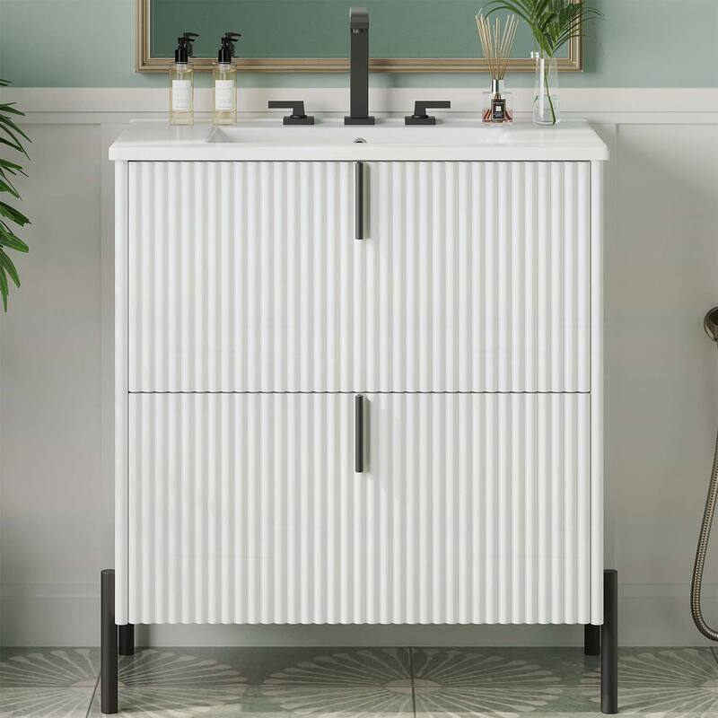 30-Inch Freestanding Bathroom Vanity with Ceramic Sink,Soft Close Drawers,and Fluted Design in Dark Brown - White
