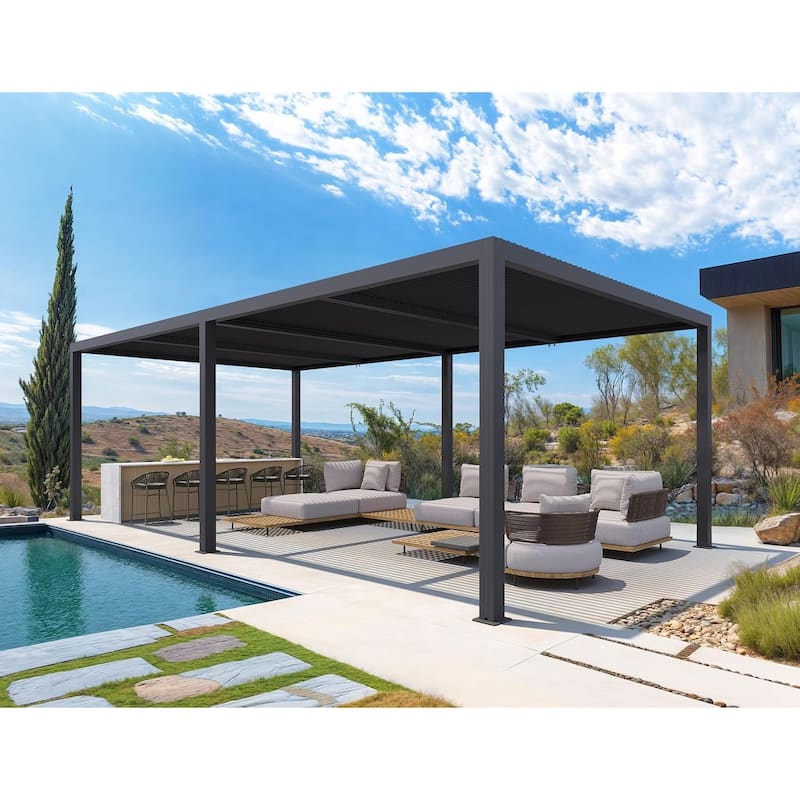PURPLE LEAF Louvered Pergola Outdoor Aluminum Pergola with Adjustable Roof for Patio Hardtop Gazebo - 14' x 24' - Grey