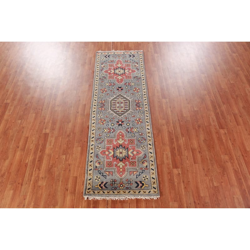 Gray Geometric Heriz Serapi Indian Runner Rug Handmade Wool Carpet - 2'7" x 7'8"