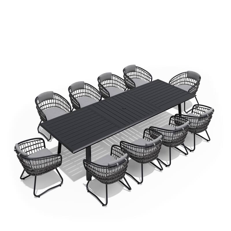 7/9/11-Piece Set Outdoor Aluminum Dining Table with Umbrella Hole and PE Rattan Chairs - Grey - Set of 11