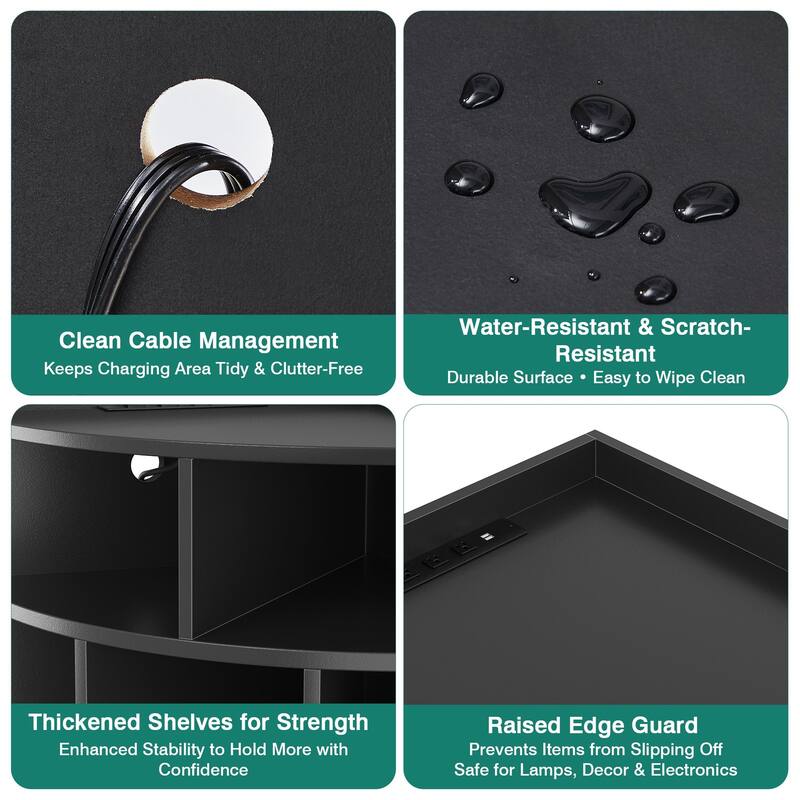 VECELO 4-Tier Adjustable Corner Bookshelf with Charging Station 3 AC Outlets & 2 USB Ports Waterproof Eco-Friendly Design