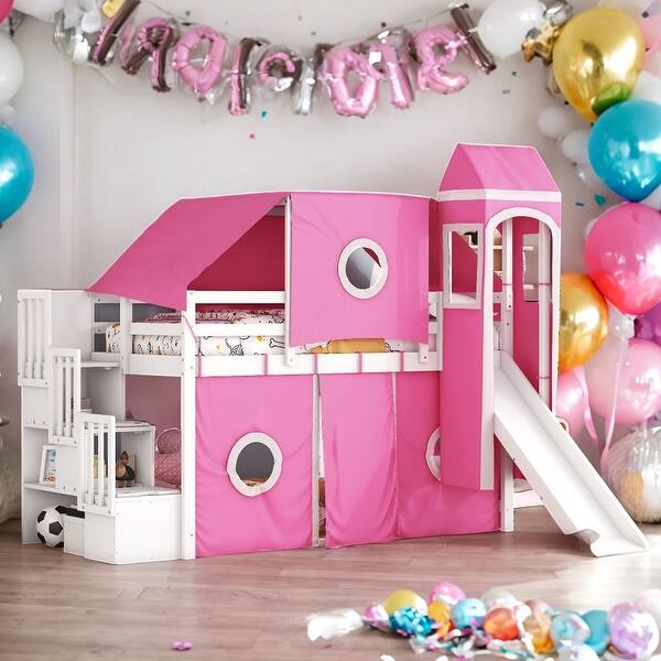 slide 2 of 24, Twin Size Loft Bed with Tent and Tower, Beautiful Kid's Loft Bed, Elegance Unique Design Wood Full Size Loft Bed,Pink Pink