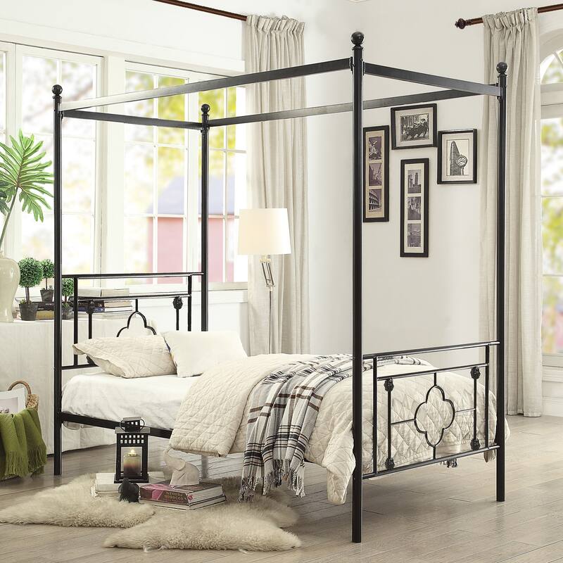 Twin Size Metal Canopy Bed with Ball Finials and Quatrefoil Design