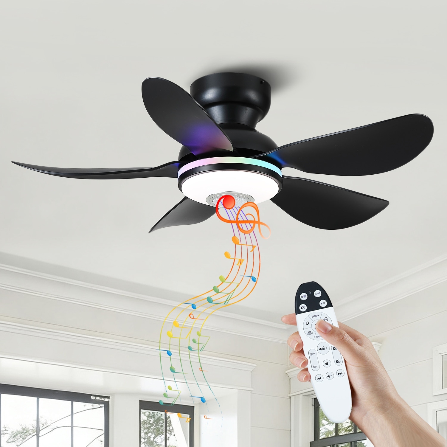 Kviflon 36/46 inches RGB Flush Mount Ceiling Fan with Light and
