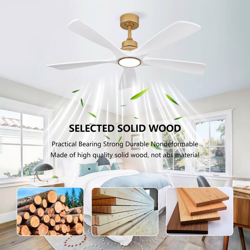 52 Inch Indoor Ceiling Fans With Lights and Remote Control, Dimmable LED, 5 Solid Wood Blades,Reversible DC Motor