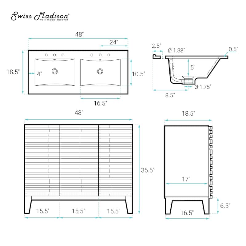 Cascade 48" Freestanding Bathroom Vanity In White Oak With 3-Hole Widespread Double Basin Sink Top - 48