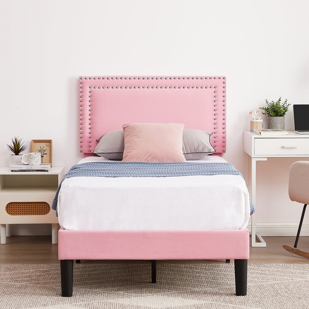 Bed Frame with Adjustable Height Headboard, Twin/Full/Queen Size Beds, Pink