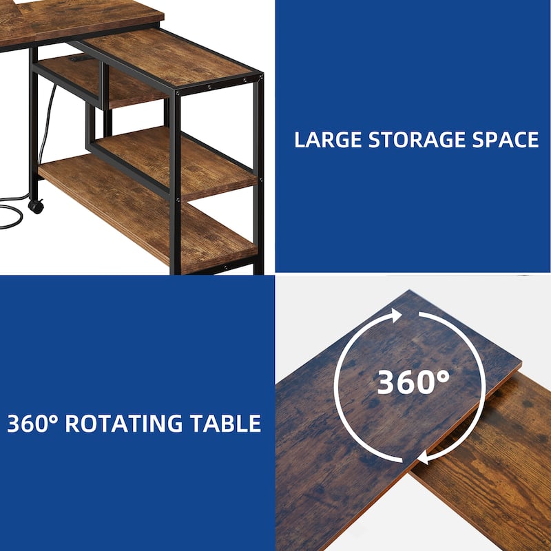 Moasis Rotating Wheeled Sofa Side Table with Drawer 2-Tier Storage Shelves