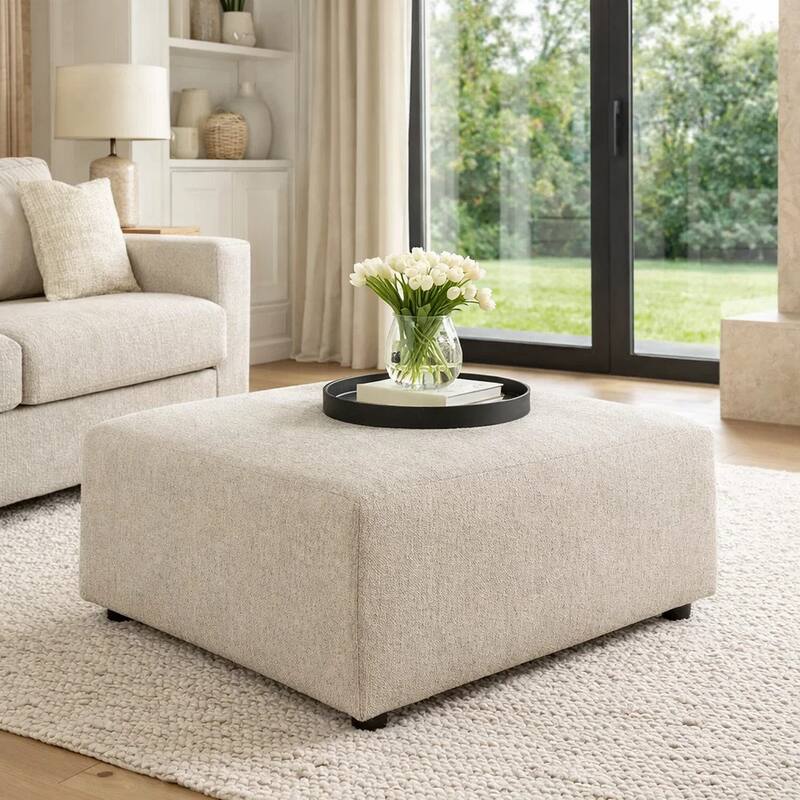 Felo Square Accent Ottoman, 39 Inch Modern Beige Polyester Cushioned