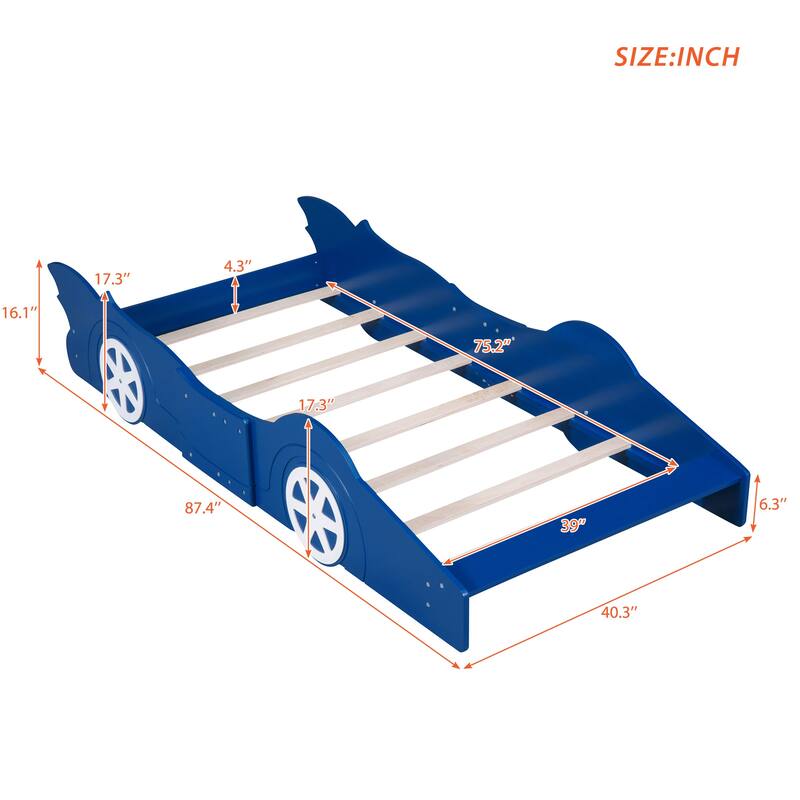 Twin Size Race Car-Shaped Platform Bed with Wheels, Blue