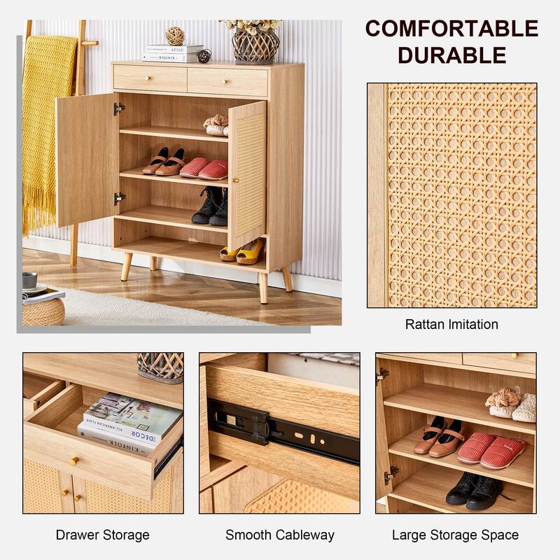 Rattan Weaving Shoe Cabinet, Multi-Functional Shoe Rack Organizer, Sideboard Buffet with Top Drawers & Lower Cabinet Doors
