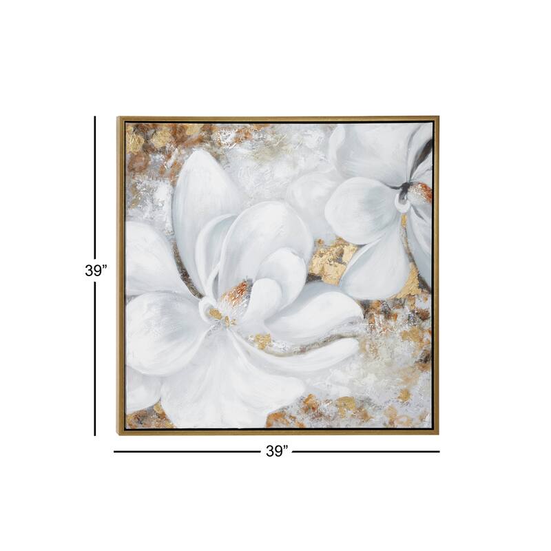 White Canvas Handmade Floral Framed Wall Art with Gold Frame