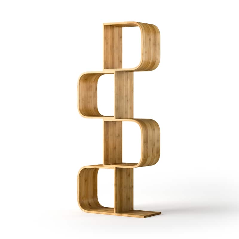 Furniture of America Blythe Contemporary Natural Bamboo 4-Tier S-shaped Design Display Bookshelf