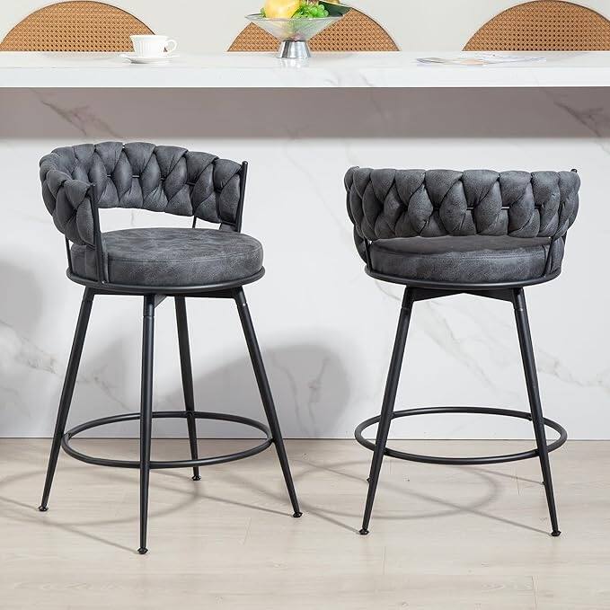 XINMICS 360° Swivel Bar Stools, 24 Inches Modern Counter Height Bar Stools with Woven Back, Upholstered Suede Tall Barstools
