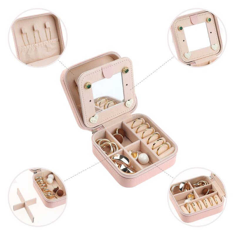 Portable Jewelry Box with Mirror, Mini PU Leather Jewelry Organizer Boxes Storage Display Holder - Pink