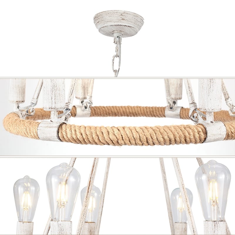 6-Light Farmhouse Chandelier, Modern Wagon Wheel Chandelier for Dining Room Living Room Bedroom Kitchen - W22.83"x H23.26"