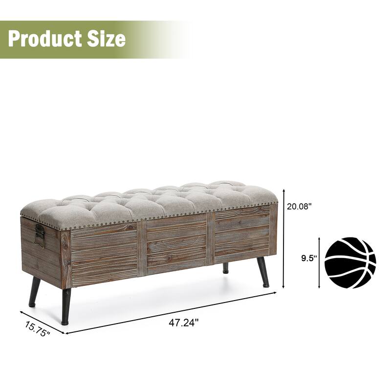 Natural Wood Upholstered Bedroom and Entryway Storage Bench - 20.08" H x 47.24" W x 15.75" D
