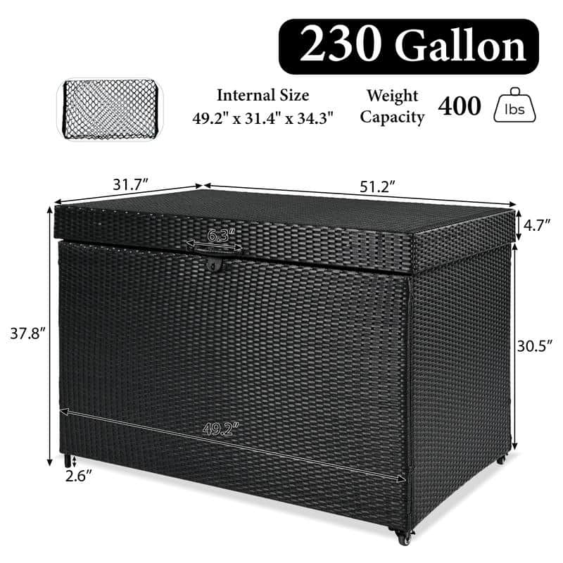 230-Gallon All-Weather Wicker Deck Storage Box With Wheels, Rattan Patio Organizer For Outdoor Furniture, Garden Tools.