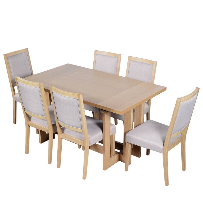 Roomfitters 7-Piece Rustic Extendable Trestle Dining Table Set with 6 Upholstered Chairs, Rubber Wood