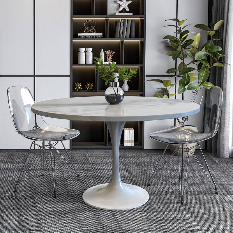 LeisureMod Verve Round Dining Table with White Resin TableTop and White Steel Base for Kitchen & Dining Room