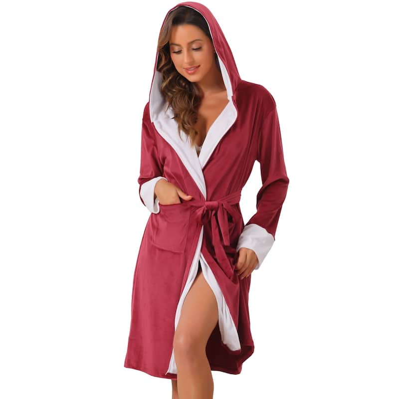 Womens Fluffy Hooded Bathrobe Plush Long Spa Robe