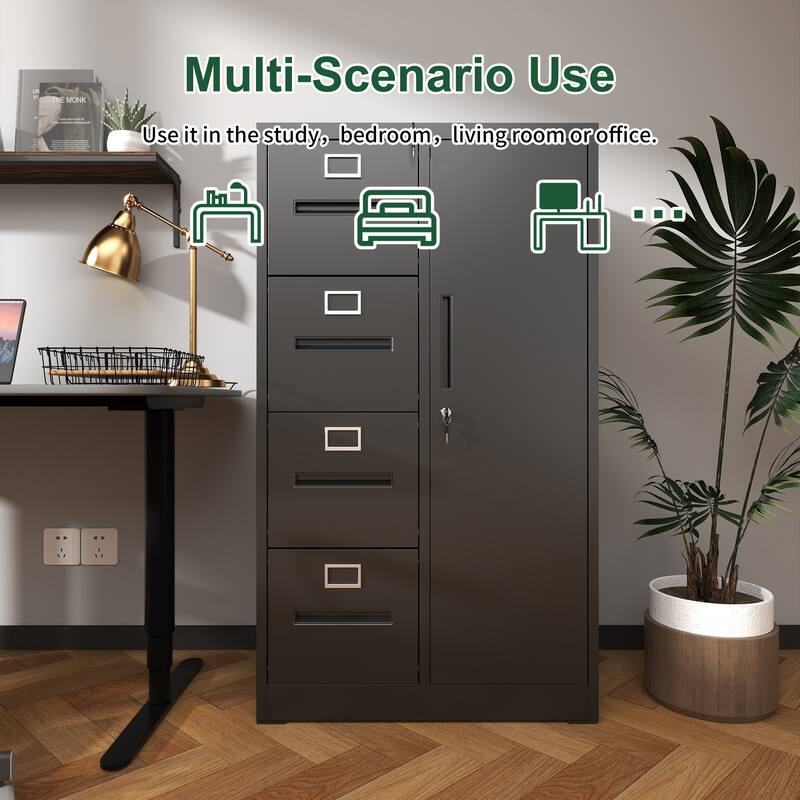 Metal Vertical Filing Cabinet with Wardrobe, Lockable Steel Office File Storage Cabinet with 4 Drawers and 1 Door