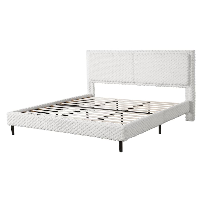 Queen / King Modern Plush Upholstered Bed with Soft Padded Backrest for Comfort - White - King