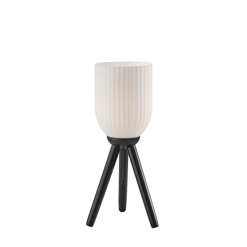 HomeRoots 23" Black Solid Wood Tripod Table Lamp With White Ribbed Glass Shade - 10